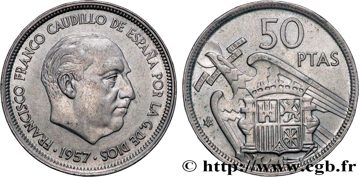 ESPAGNE 50 Pesetas Francisco Franco (59 dans l’étoile) 1957 Madrid SUP 