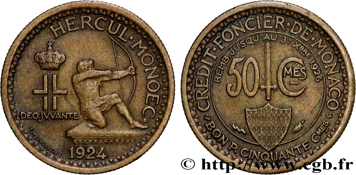 MONACO 50 Centimes émission du Crédit Foncier de Monaco 1924 Poissy TTB 
