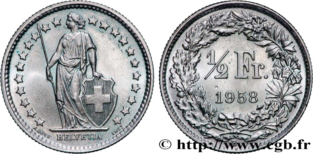 SUISSE 1/2 Franc Helvetia 1958 Berne SUP 