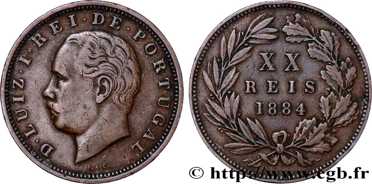 PORTUGAL 20 Réis Louis Ier (Luis) 1884  VF 