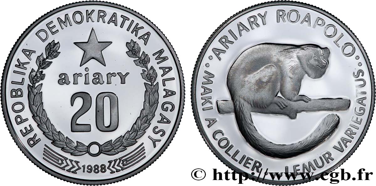 MADAGASCAR 20 Ariary Proof Maki à collier 1988  MS 