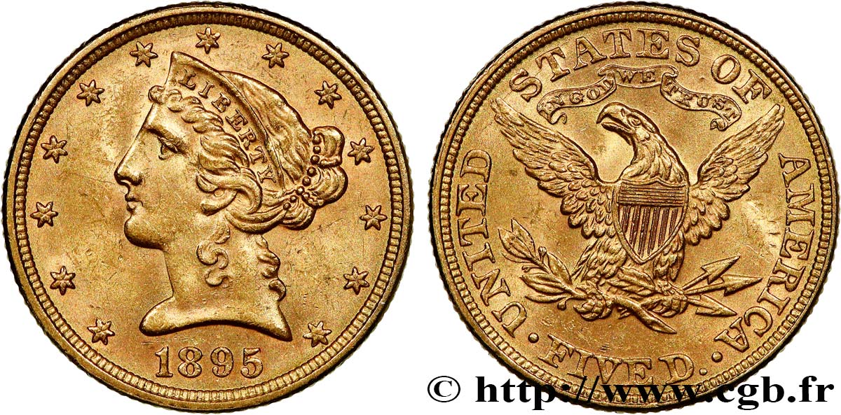 INVESTMENT GOLD 5 Dollars  Liberty  1895 Philadelphie SPL 