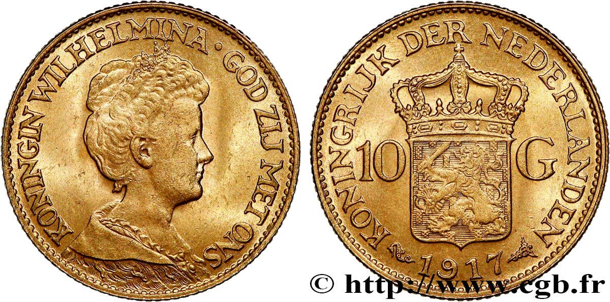 INVESTMENT GOLD 10 Gulden, 3e type Wilhelmina 1917 Utrecht q.SPL 