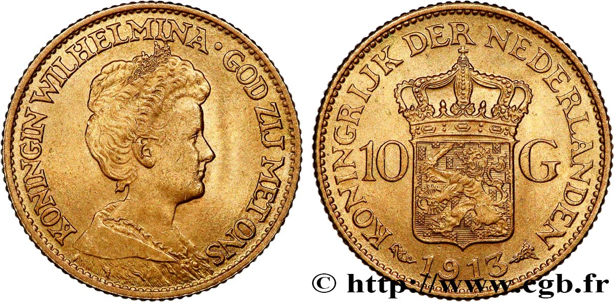 INVESTMENT GOLD 10 Gulden Wilhelmina 1913 Utrecht MBC+ 