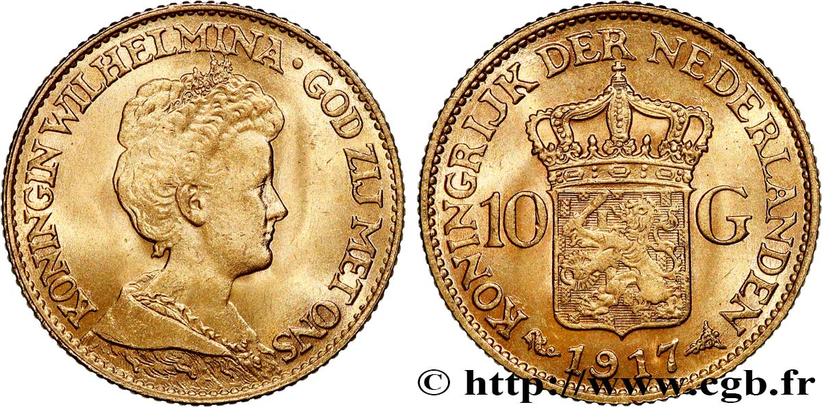 OR, PALLADIUM ET PLATINE INVESTISSEMENT 10 Gulden, 3e type Wilhelmina 1917 Utrecht TTB+ 