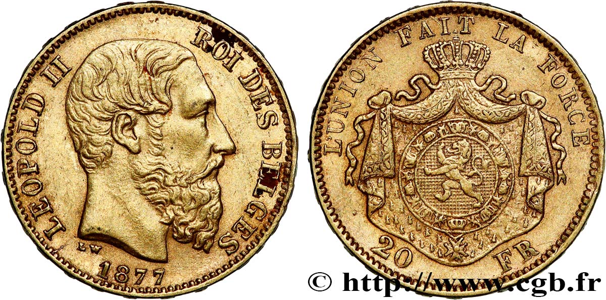 INVESTMENT GOLD 20 Francs Léopold II 1877 Bruxelles AU 