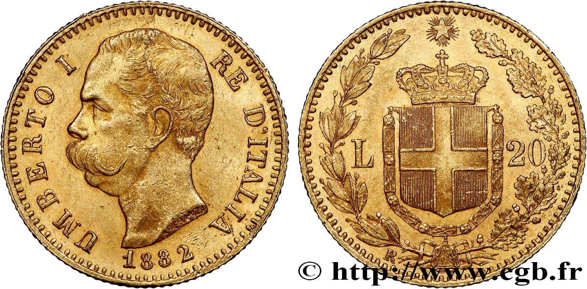 OR, PALLADIUM ET PLATINE INVESTISSEMENT 20 Lire Umberto Ier 1882 Rome TTB+ 