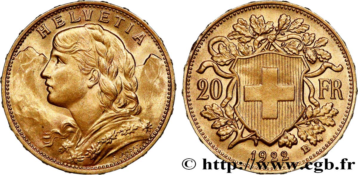 INVESTMENT GOLD 20 Francs  Vreneli   1922 Berne AU 