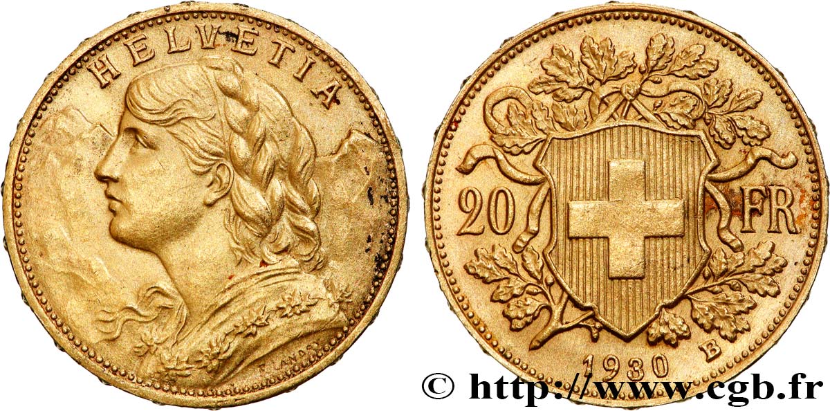 OR, PALLADIUM ET PLATINE INVESTISSEMENT 20 Francs  Vreneli  1930 Berne SUP 