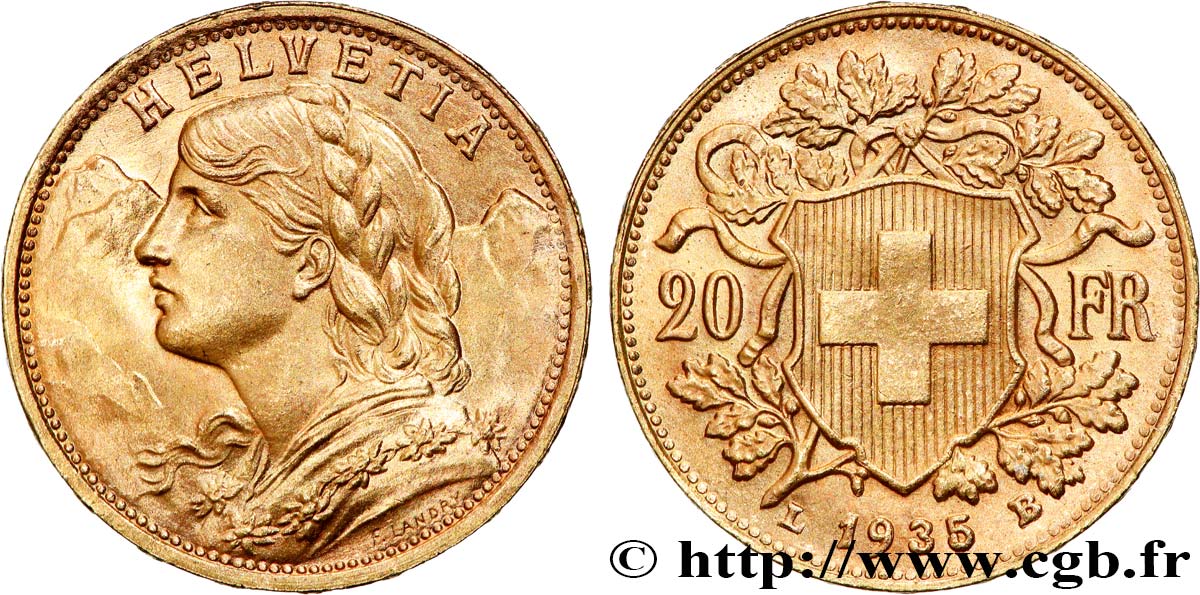 GOLD, PALLADIUM & PLATINUM INVESTMENT 20 Francs  Vreneli   1935 Berne AU 