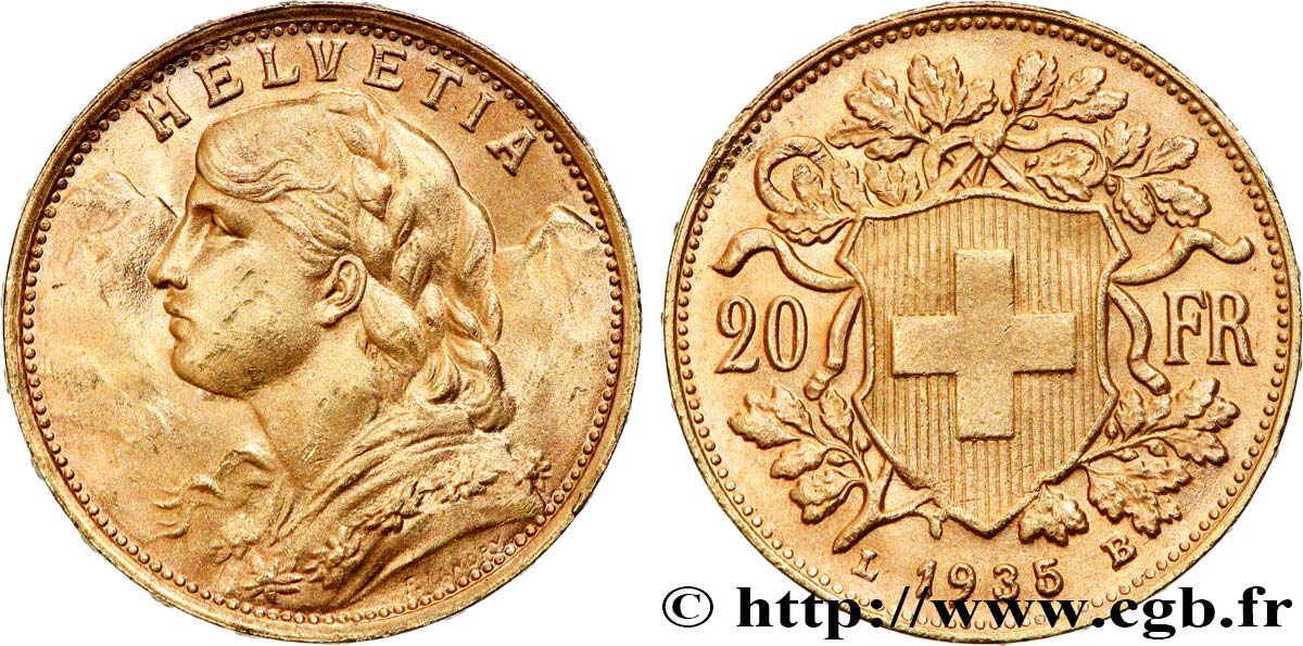 GOLD, PALLADIUM & PLATINUM INVESTMENT 20 Francs &nbsp;Vreneli&nbsp;  1935 Berne AU 