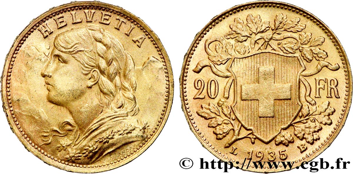 GOLD, PALLADIUM & PLATINUM INVESTMENT 20 Francs &nbsp;Vreneli&nbsp;  1935 Berne AU 