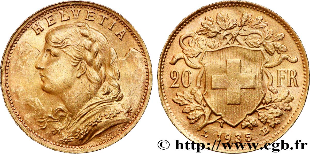 INVESTMENT GOLD 20 Francs  Vreneli   1935 Berne MBC+ 