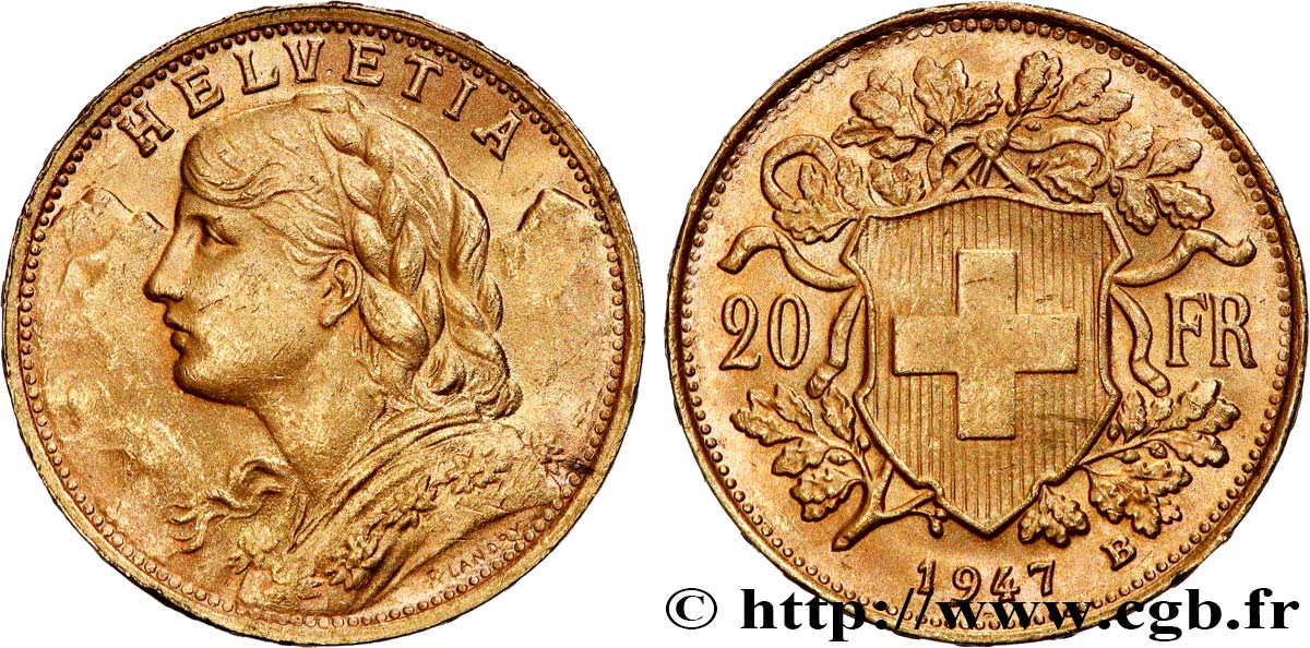 OR, PALLADIUM ET PLATINE INVESTISSEMENT 20 Francs or  Vreneli  1947 Berne SUP 