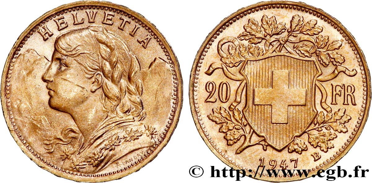 INVESTMENT GOLD 20 Francs or  Vreneli  1947 Berne SPL 