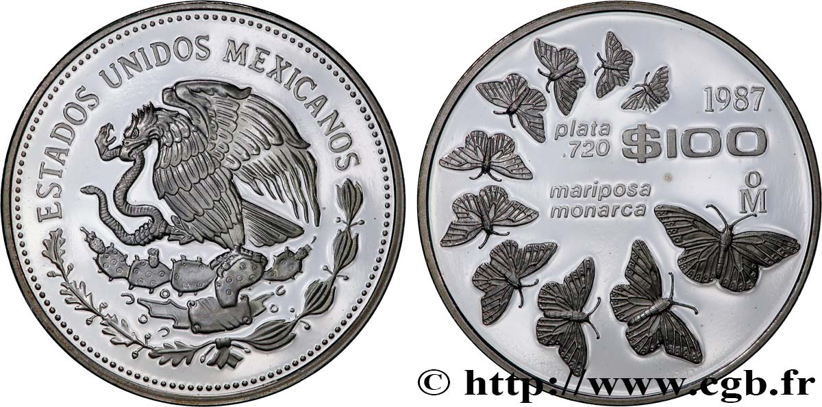 MEXIKO 100 Pesos Proof Papillons Monarques 1987  ST 