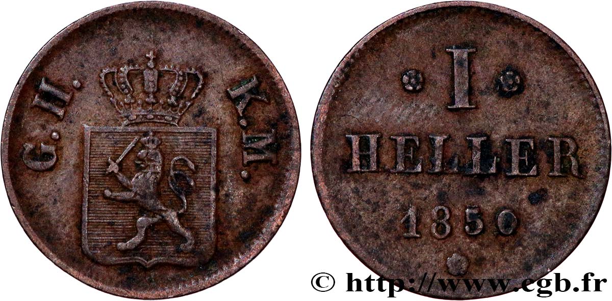 GERMANY - HESSE 1 Heller Hesse-Darmstadt 1850  XF 