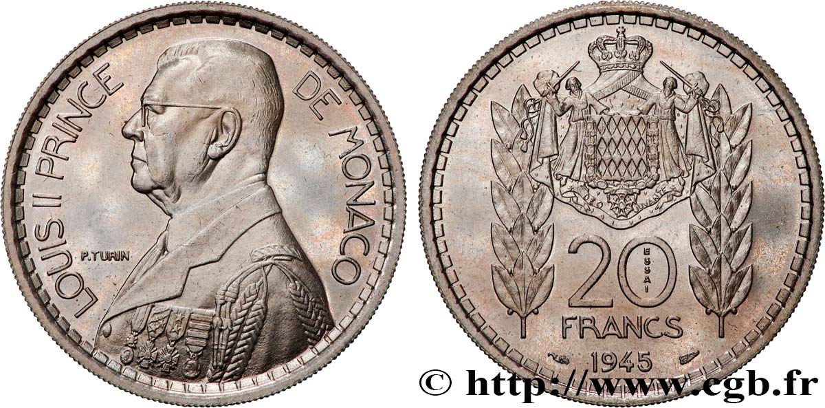 MONACO Essai de 20 Francs Turin Louis II 1945 Paris SPL 