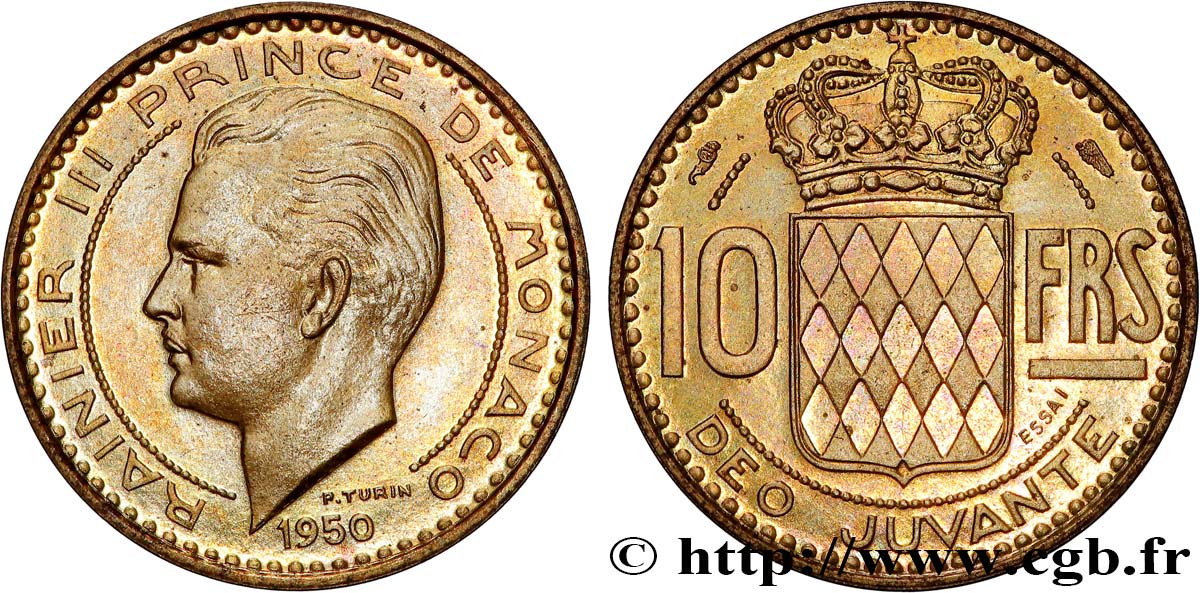 MONACO Essai de 10 Francs prince Rainier III 1950 Paris EBC 
