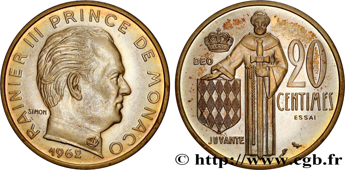 MONACO - PRINCIPALITY OF MONACO - RAINIER III Essai de 20 Centimes  1962 Paris MS 