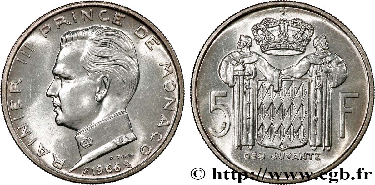 MONACO 5 Francs Prince Rainier III 1966 Paris VZ 