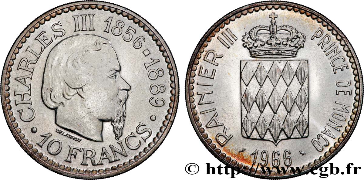 MONACO 10 Francs Charles III 1966 Paris AU 