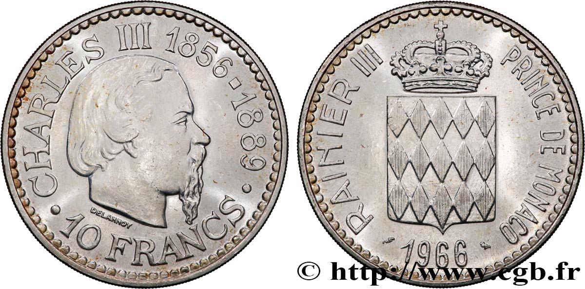 MONACO 10 Francs Charles III 1966 Paris EBC 