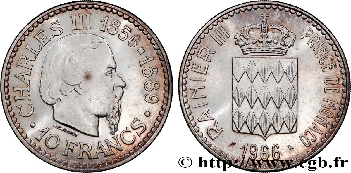 MONACO 10 Francs Charles III 1966 Paris AU 