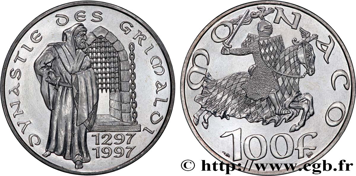 MONACO 100 Francs 700e anniversaire de la dynastie des Grimaldi 1997 Paris SPL 