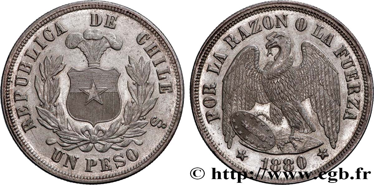 CHILE
 1 Peso emblème / condor 1880 Santiago - S° VZ 