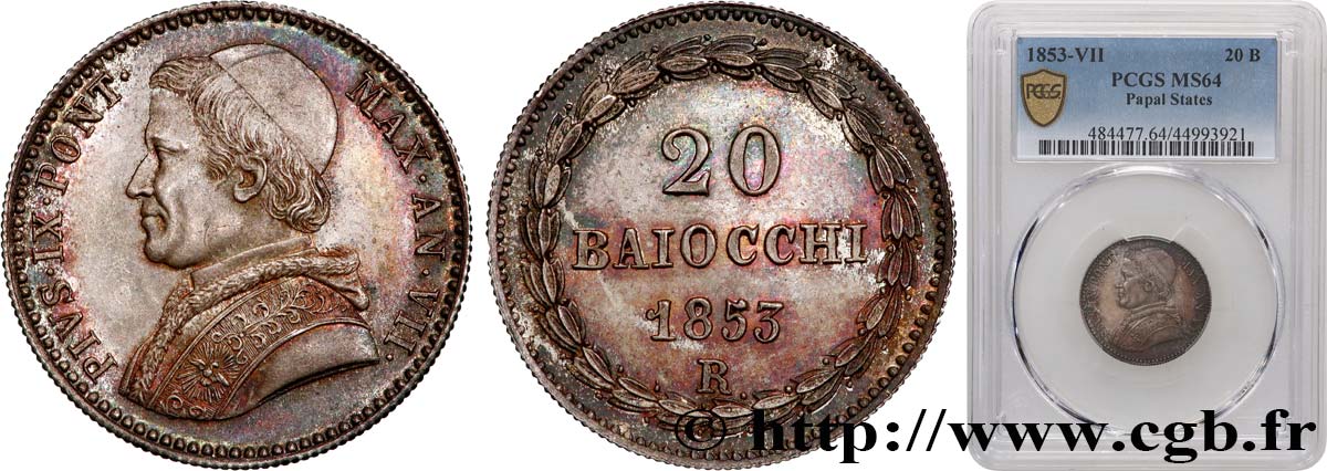VATICAN - PIUS IX (Giovanni Maria Mastai Ferretti) 20 Baiocchi an VII 1853 Rome MS64 PCGS