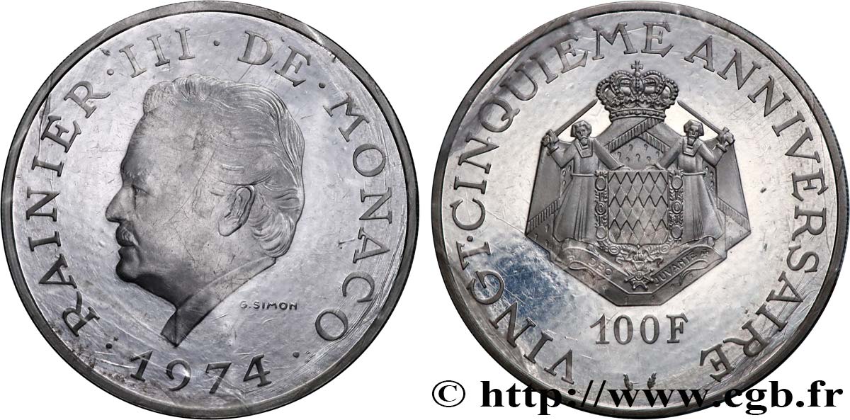 MONACO 100 Francs Proof Rainier III 1974 Paris MS 