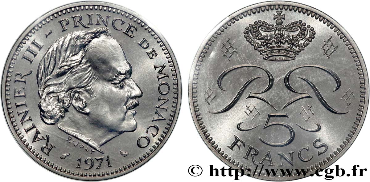 MONACO Piéfort Nickel de 5 francs 1971 Paris MS 