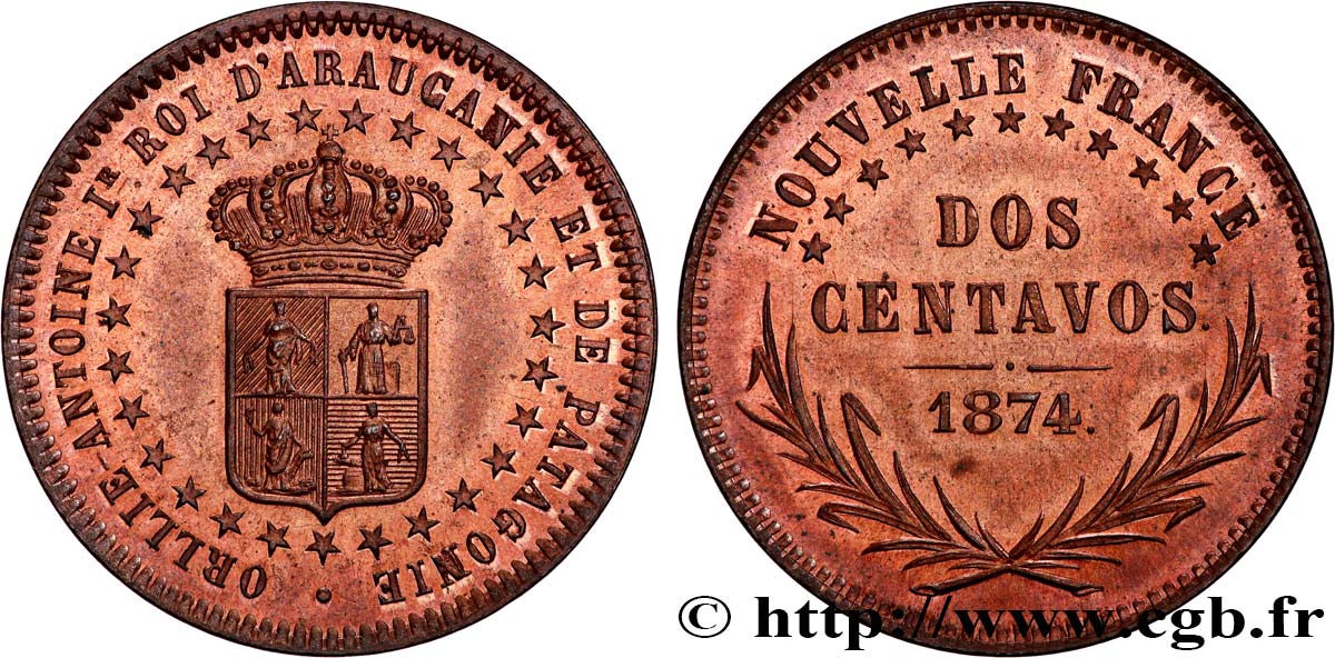 THIRD REPUBLIC - KINGDOM OF ARAUCANIE AND PATAGONIE - ORÉLIE-ANTOINE Ier  Dos centavos 2e type 1874  MS 