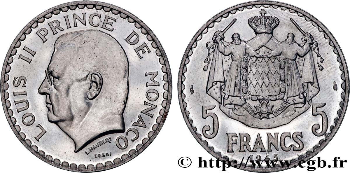 MÓNACO - PRINCIPADO DE MÓNACO - LUIS II Essai de 5 Francs 1945 Paris SC 