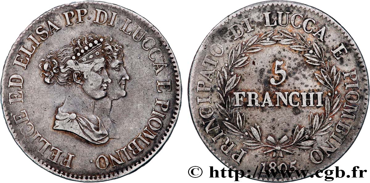 ITALY - PRINCIPALTY OF LUCCA AND PIOMBINO - FELIX BACCIOCHI AND ELISA BONAPARTE 5 Franchi - Moyens bustes 1805 Florence VF 