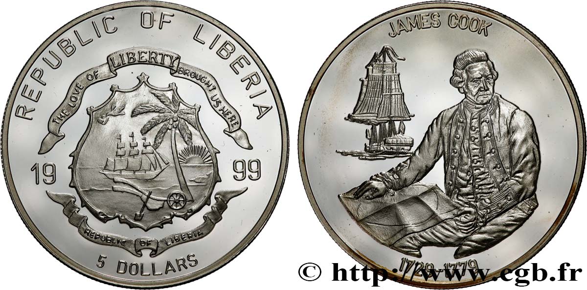 LIBERIA 5 Dollars Proof James Cook 1999  FDC 