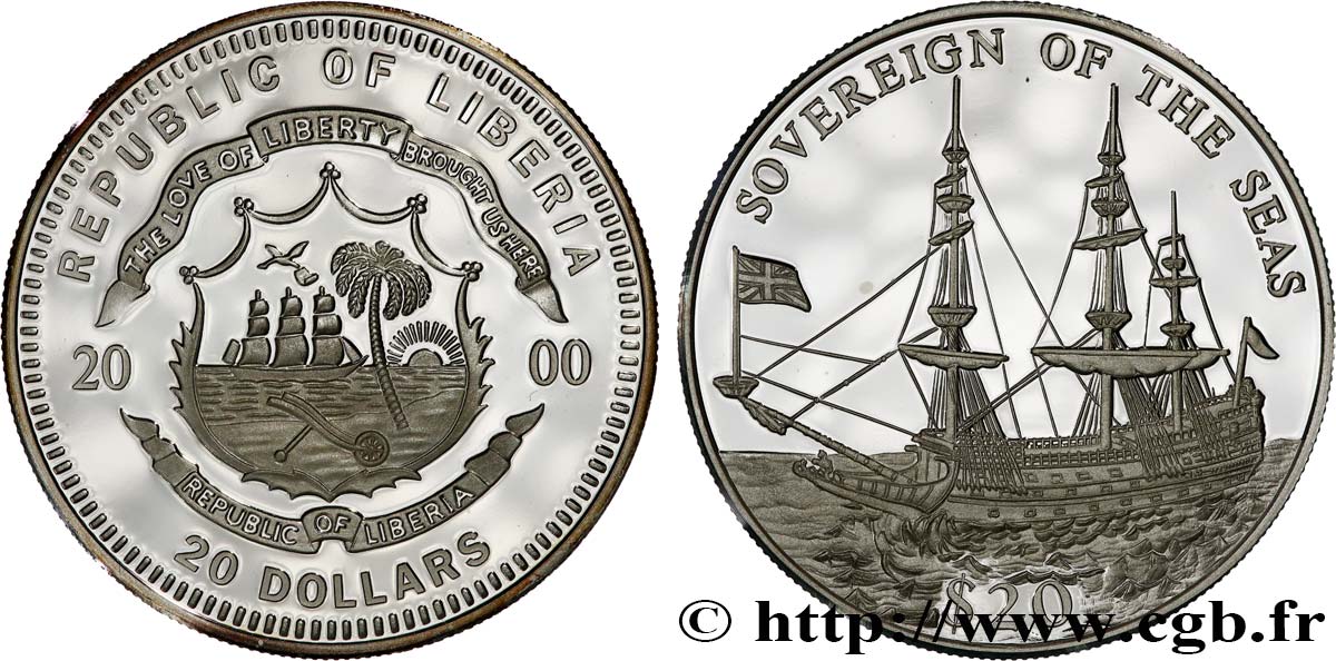 LIBERIA 20 Dollars Proof Voilier Sovereign of the Seas 2000  ST 
