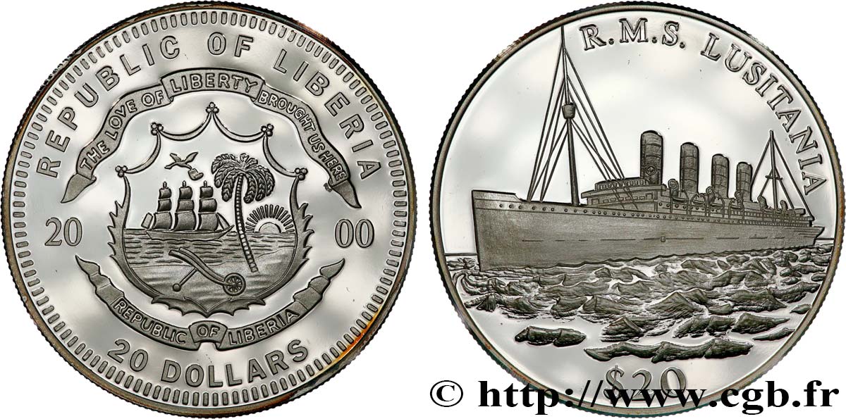 LIBERIA 20 Dollars Proof Paquebot Lusitania 2000  FDC 