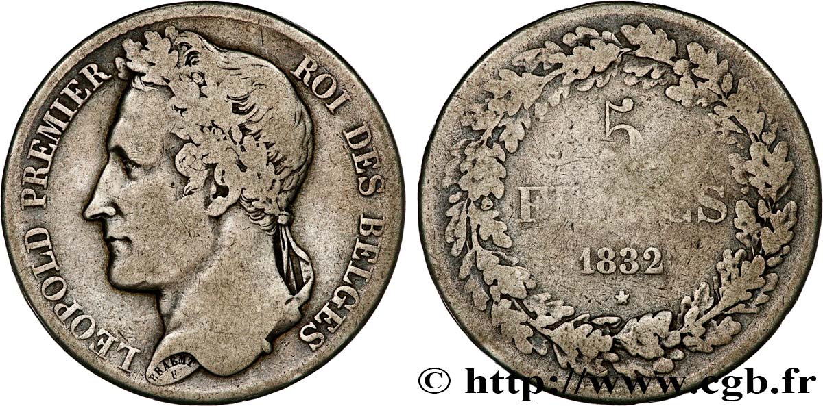 BELGIQUE - ROYAUME DE BELGIQUE - LÉOPOLD Ier 5 Francs tête laurée 1832 Bruxelles TB 