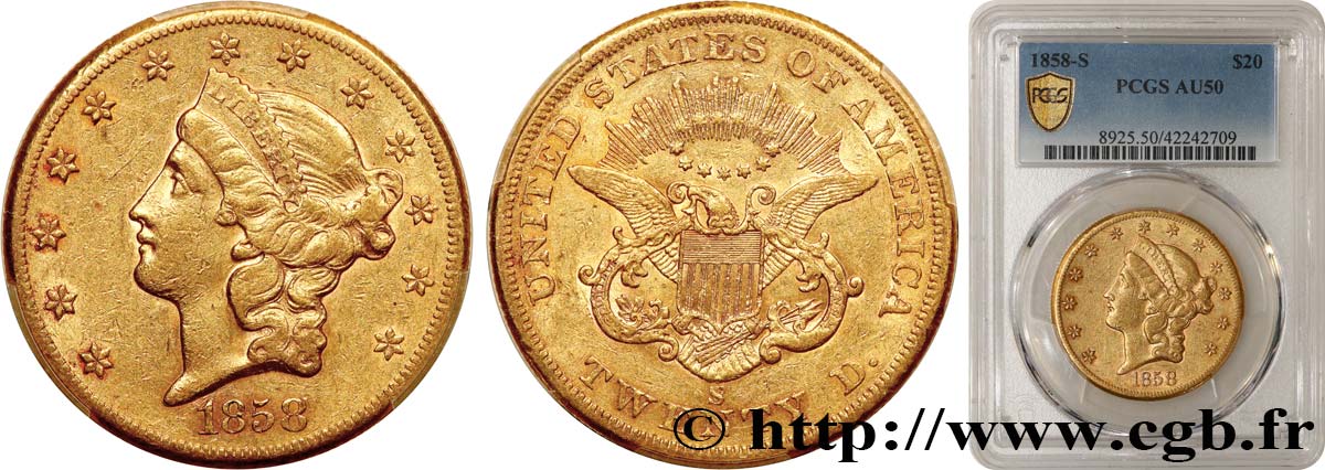 ÉTATS-UNIS D AMÉRIQUE 20 Dollars  Liberty  1858 San Francisco TTB50 PCGS