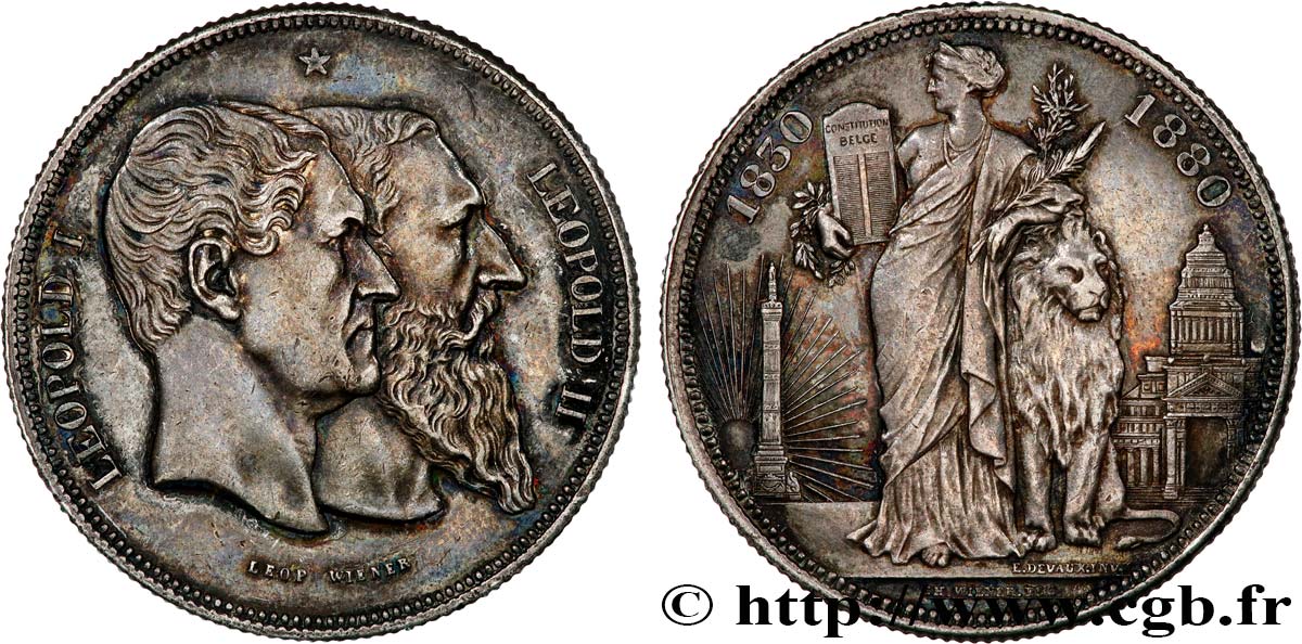 BELGIUM - KINGDOM OF BELGIUM - LEOPOLD II 5 Francs, Cinquantenaire du Royaume (1830-1880) 1880 Bruxelles AU 