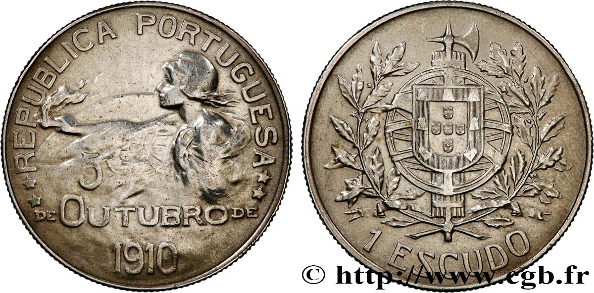 PORTUGAL 1 Escudo naissance de la République (frappée en 1914, commémore le 5 octobre 1910) 1910  TTB 