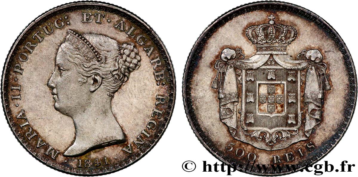 PORTUGAL 500 Réis Marie II 1841  TTB+ 