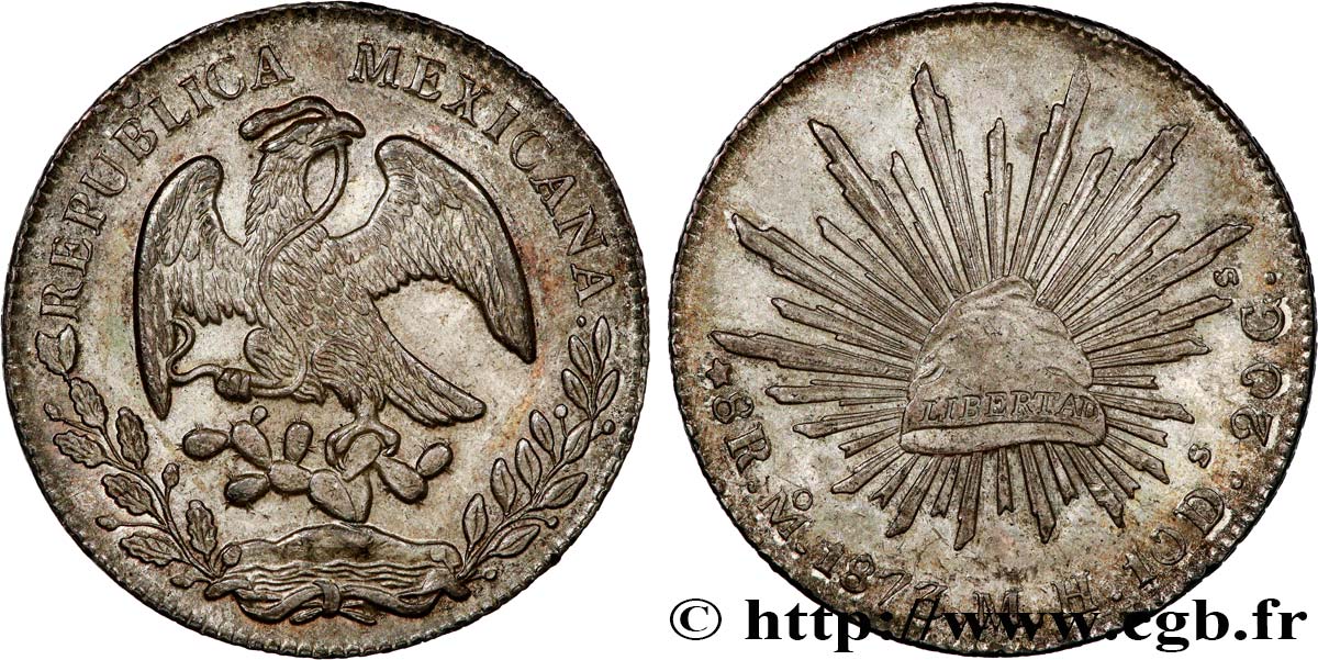 MEXIQUE 8 Reales Aigle / bonnet phrygien sur soleil  1873 Mexico TTB+ 