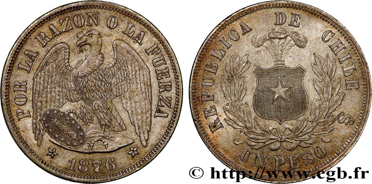 CHILI 1 Peso condor 1876 Santiago - S° TTB+ 