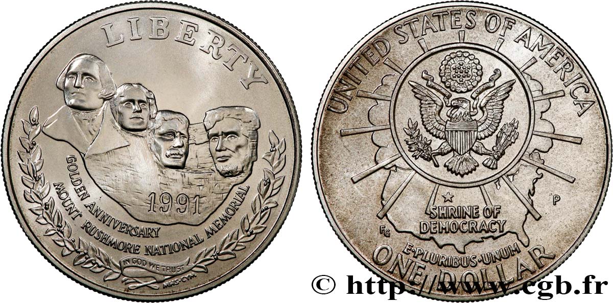 ÉTATS-UNIS D AMÉRIQUE 1 Dollar 50e anniversaire du Mont Rushmore 1991 Philadelphie SPL 