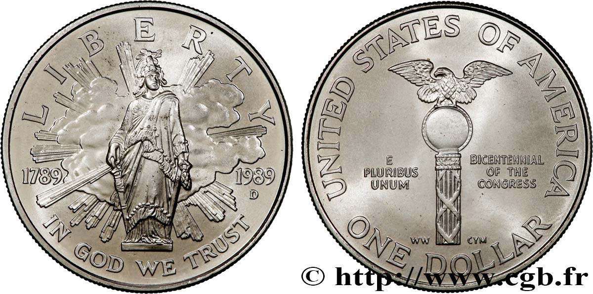 STATI UNITI D AMERICA 1 Dollar Proof bicentennaire du Congrès 1989 Denver MS 