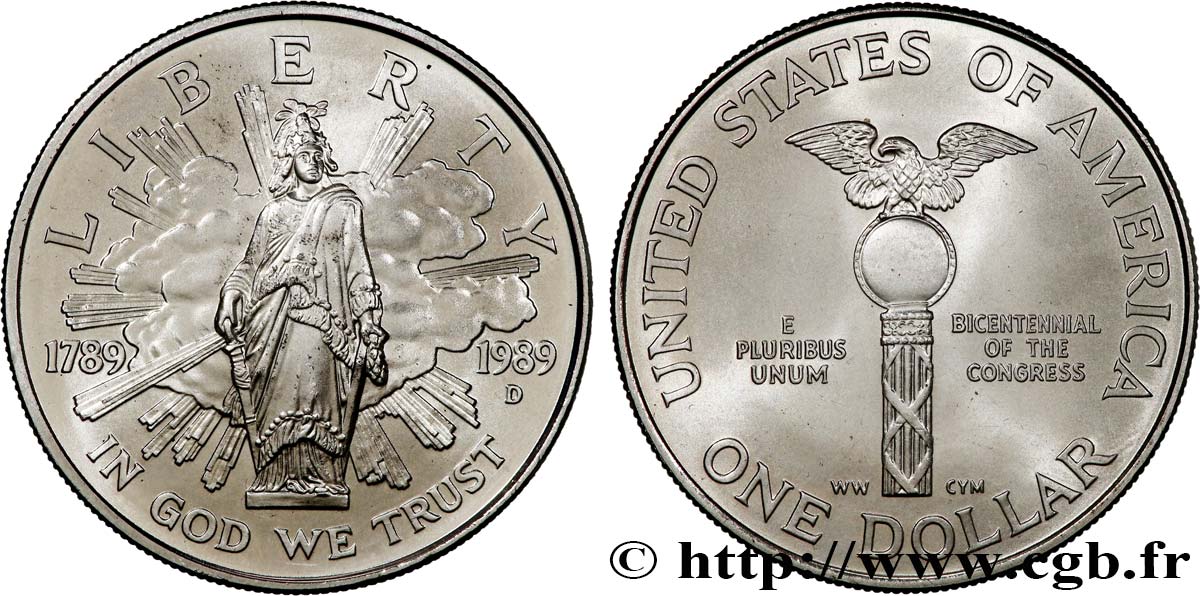 ÉTATS-UNIS D&nbsp;AMÉRIQUE 1 Dollar Proof bicentennaire du Congrès 1989 Denver SPL 