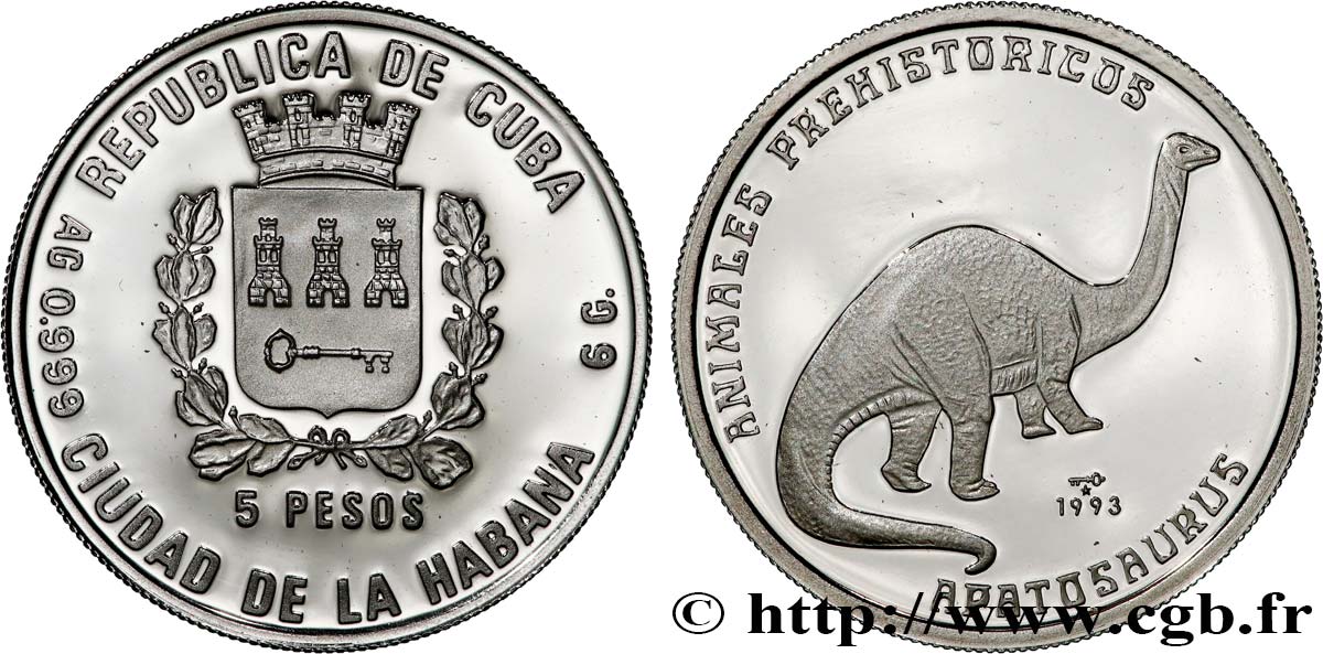 CUBA 5 Pesos Proof Apatosaurus 1993  FDC 